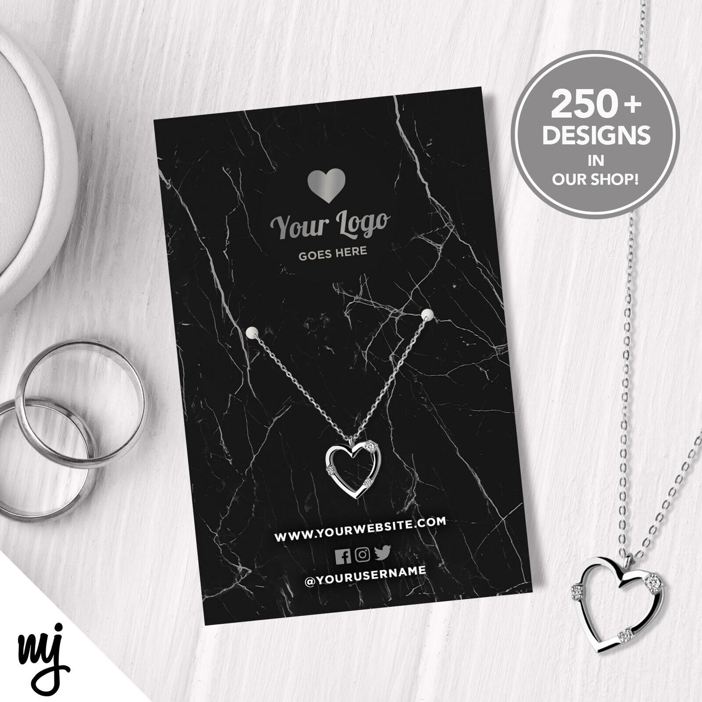 Custom Jewellery Backing Card Printing | Black Marble Silver Modern Style Design