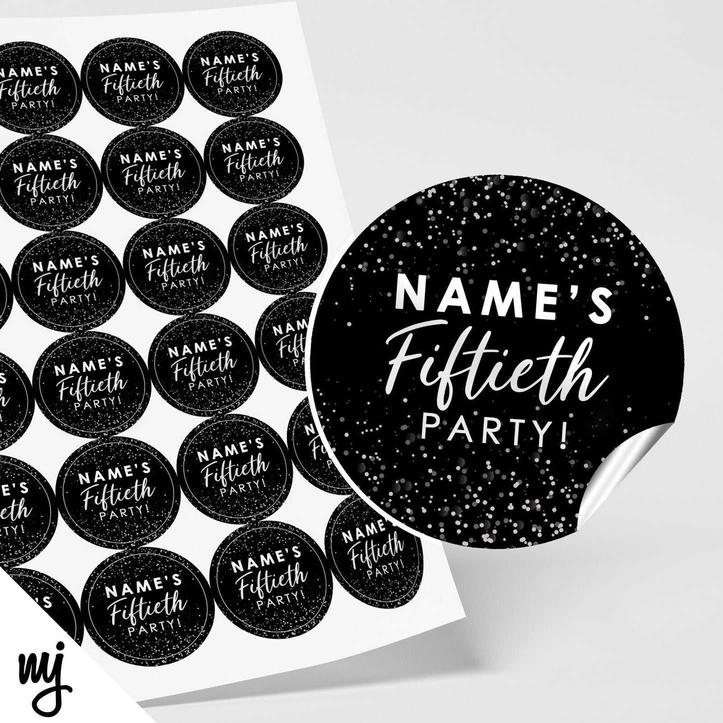 PERSONALISED 50TH BIRTHDAY PARTY ROUND STICKERS | BLACK WHITE GLITTER STYLE