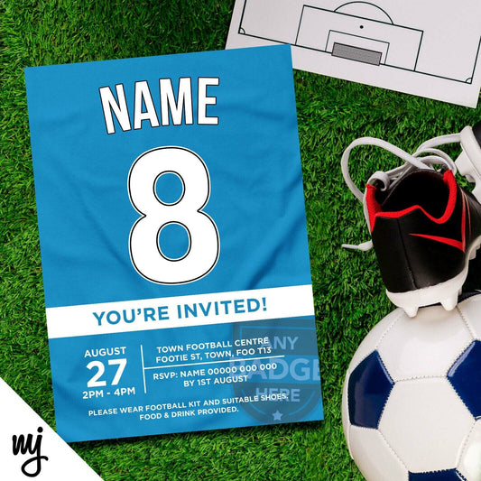 Personalised Light/sky Blue Football Shirt Style Invitations | Any Colours!