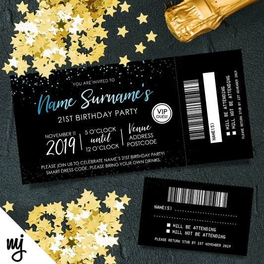 Personalised 21st Birthday Party Tickets Invitations | Perforated | Blue Black