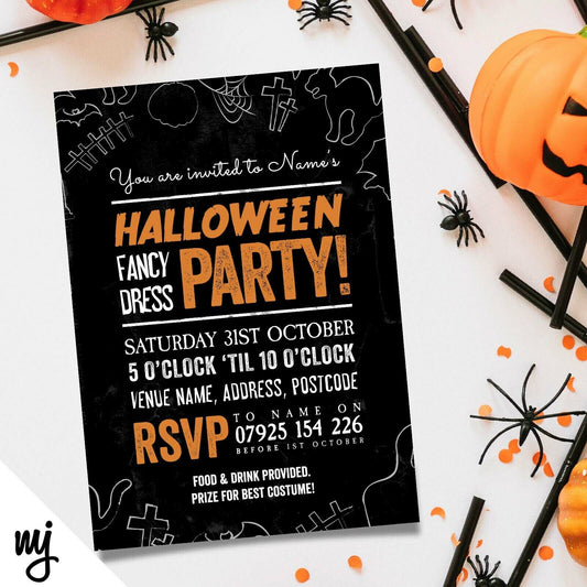 Personalised Halloween Party Invitations | Black Silhouette Retro Design