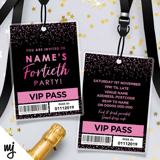 40th Birthday Vip Passes & Lanyards | Black Pink Glitter