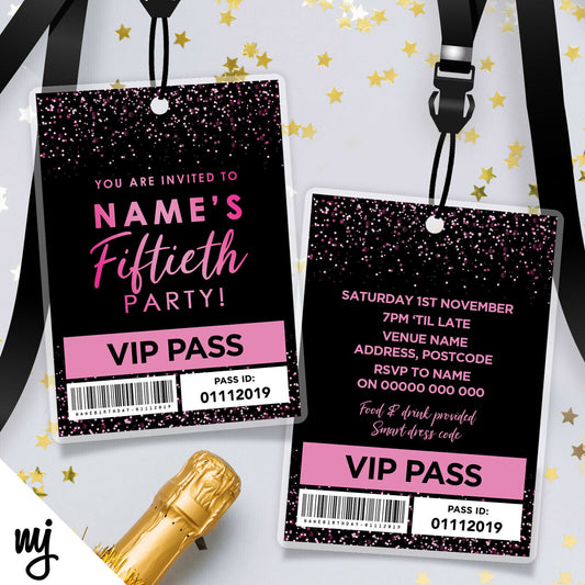 50th Birthday Vip Passes & Lanyards | Black Pink Glitter