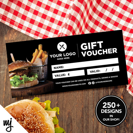 CUSTOM PRINTED BUSINESS GIFT VOUCHERS | FOOD RESTAURANT TAKEAWAY BURGER