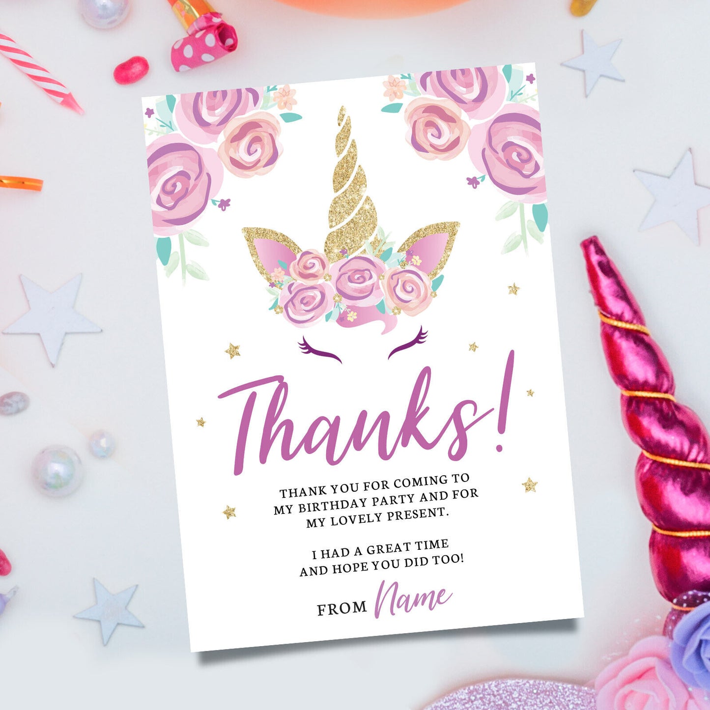 Personalised Unicorn Cute Flowers Style Party Invitations + Thank You Cards