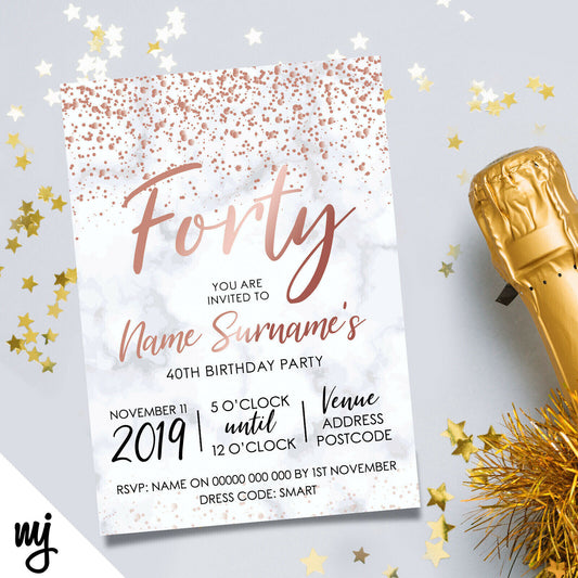 Personalised 40th Birthday Party Invitations | Marble Rose Gold Glitter Style