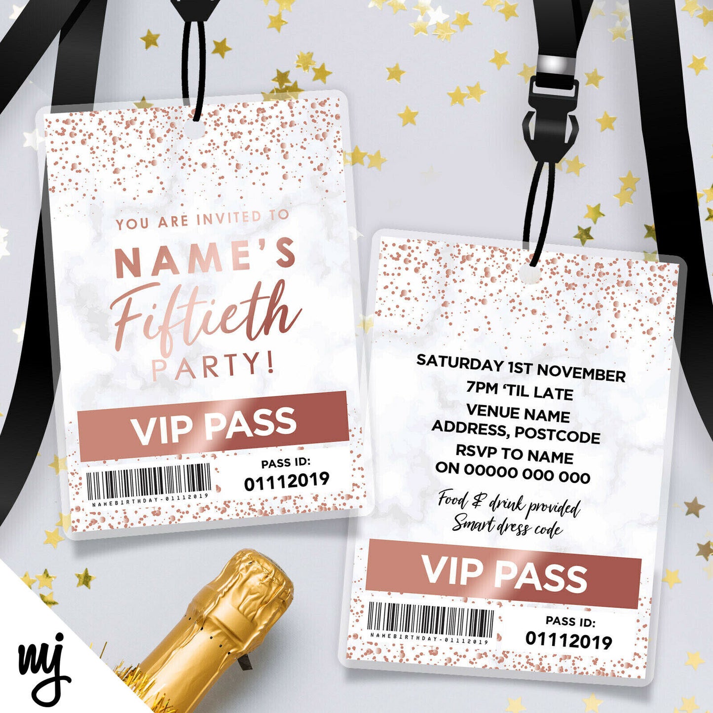 50th Birthday Vip Passes & Lanyards | Marble Rose Gold Glitter