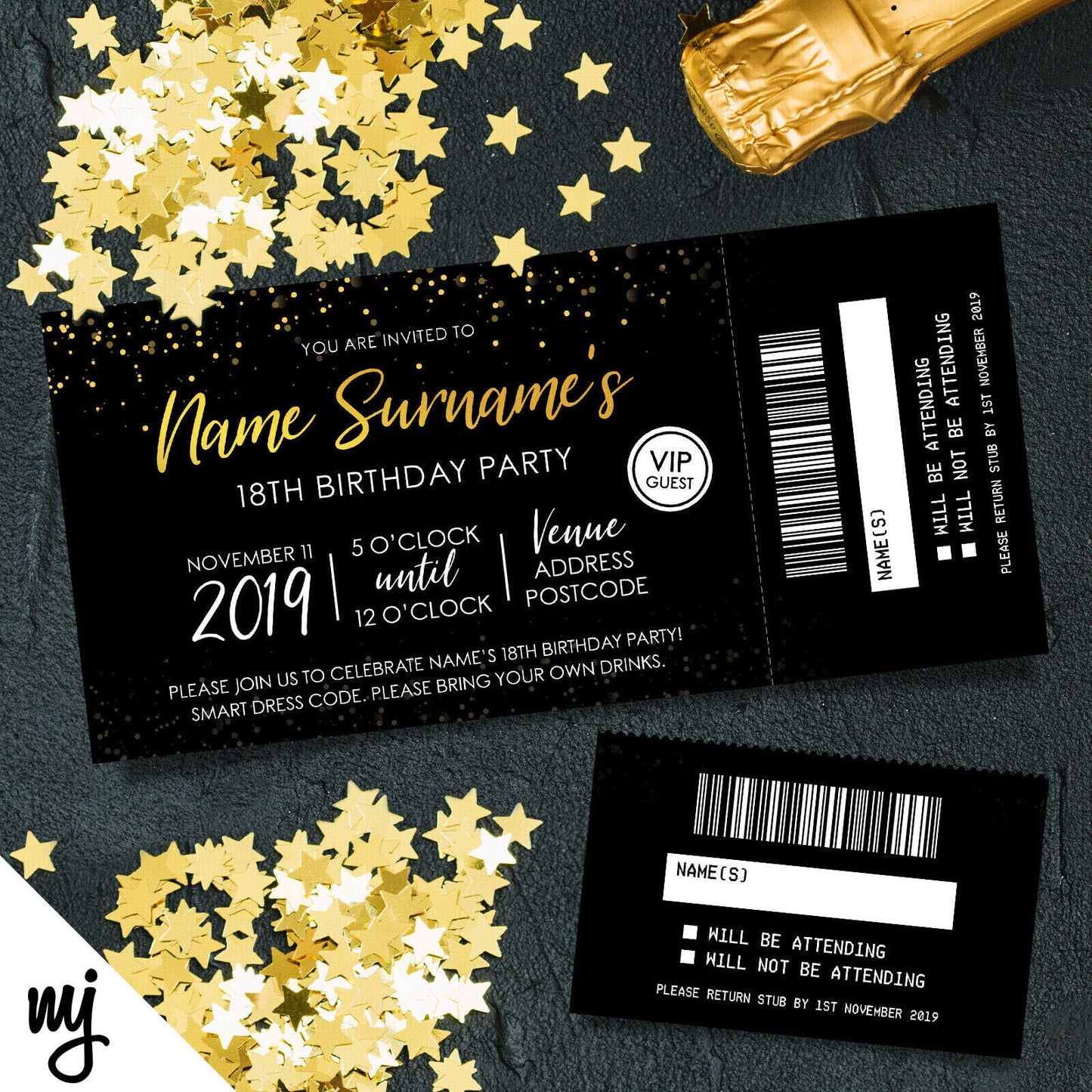 Personalised 18th Birthday Party Tickets Invitations | Perforated | Gold Glitter