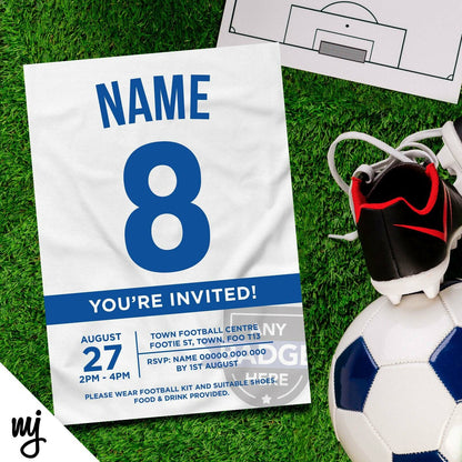 Personalised White & Blue Football Shirt Style Party Invitations | Any Colours!