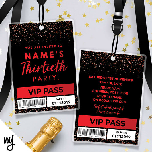 30th Birthday Vip Passes & Lanyards | Black Red Glitter