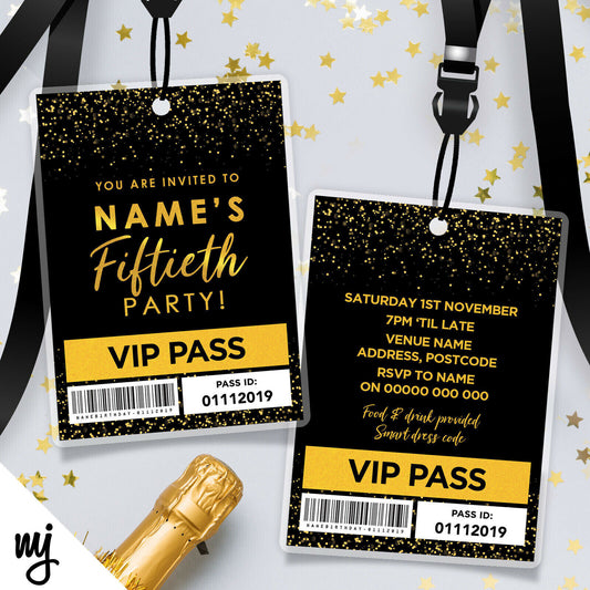 Personalised 50th Birthday Vip Passes Lanyards | Black Gold Glitter | Any Age!