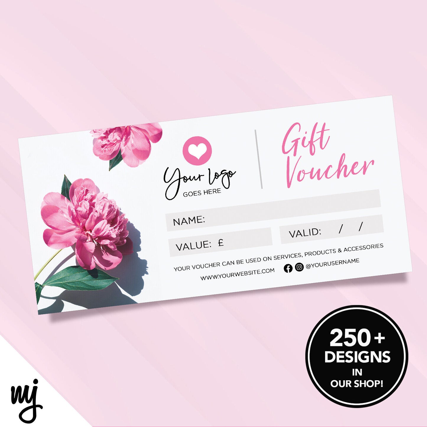 Custom Printed Business Gift Vouchers | Floral Pink Feminine Roses Flower 01