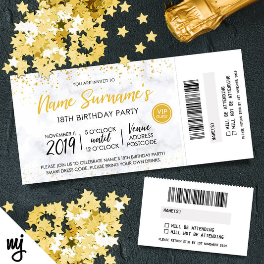 Personalised 18th Birthday Party Tickets Invitations | Perforated | Marble Gold