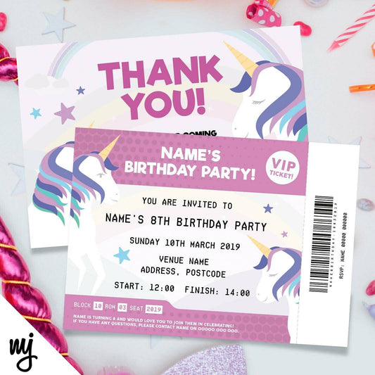 Personalised Unicorn Ticket Style Invitations & Thank You Cards | Any Info!