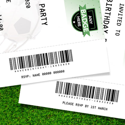 Personalised Green & White Football Ticket Style Invitations | Kids/adults