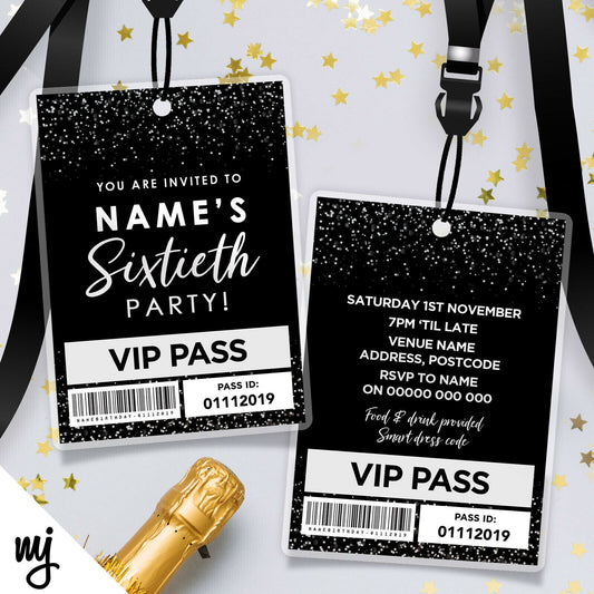 60th Birthday Vip Passes & Lanyards | Black White Glitter