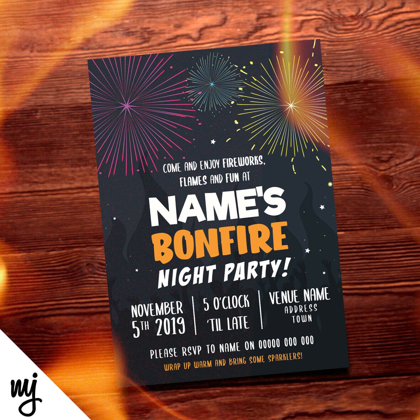 Personalised Bonfire Night Fireworks Party Invitations | Crowd Fire Flames