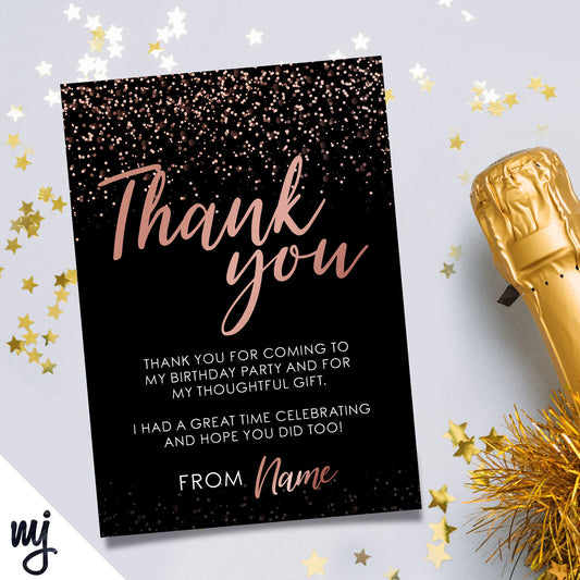 Personalised Party Thank You Cards | Black Rose Gold Glitter Style