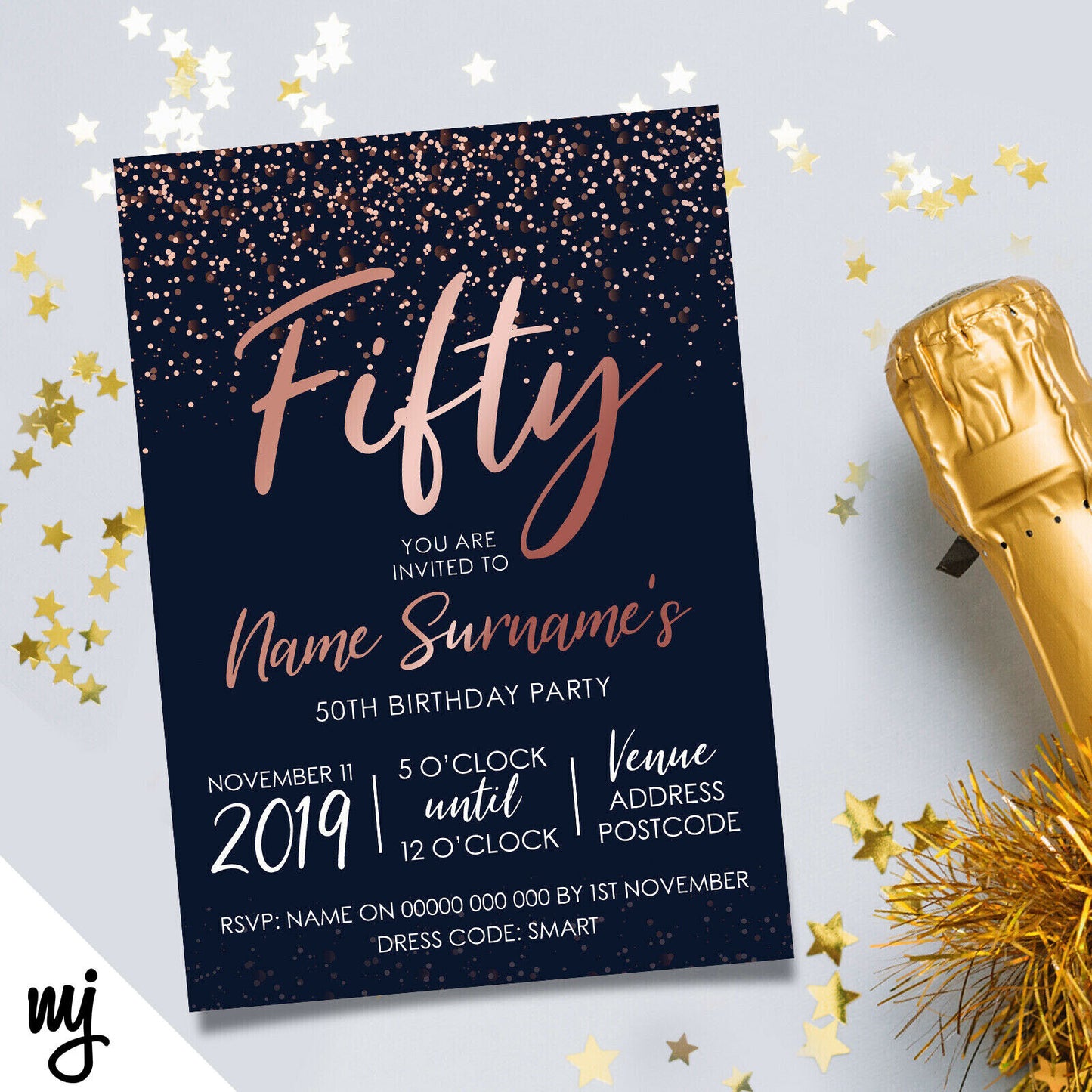 Personalised 50th Birthday Party Invitations | Navy Rose Gold Glitter