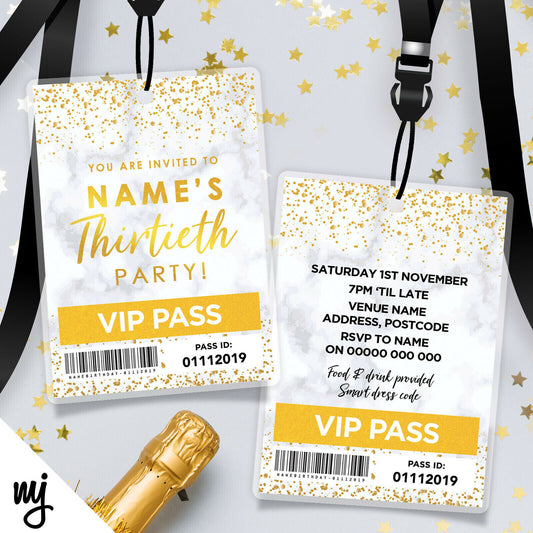 30th Birthday Vip Passes & Lanyards | Marble Gold Glitter