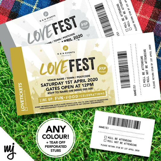 Personalised Engagement/save The Date Lovefest Festival Ticket Style Invitations