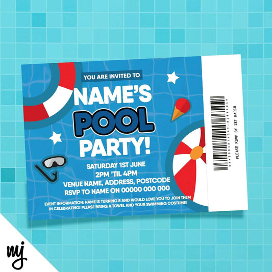 Personalised Pool Party Ticket Style Invitations For Boys/girls | Any Info!