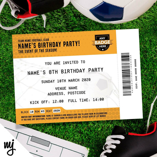 Personalised Orange Football Ticket Style Invitations | Kids/adults