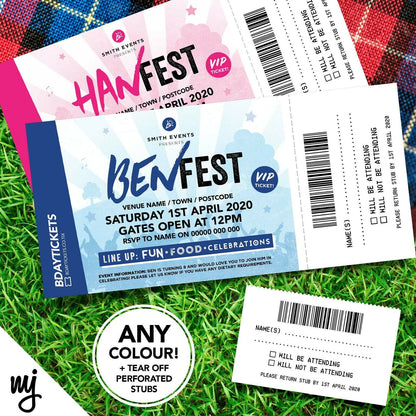 Personalised Festival Vip Ticket Style Party Invitations | Perforated Stubs