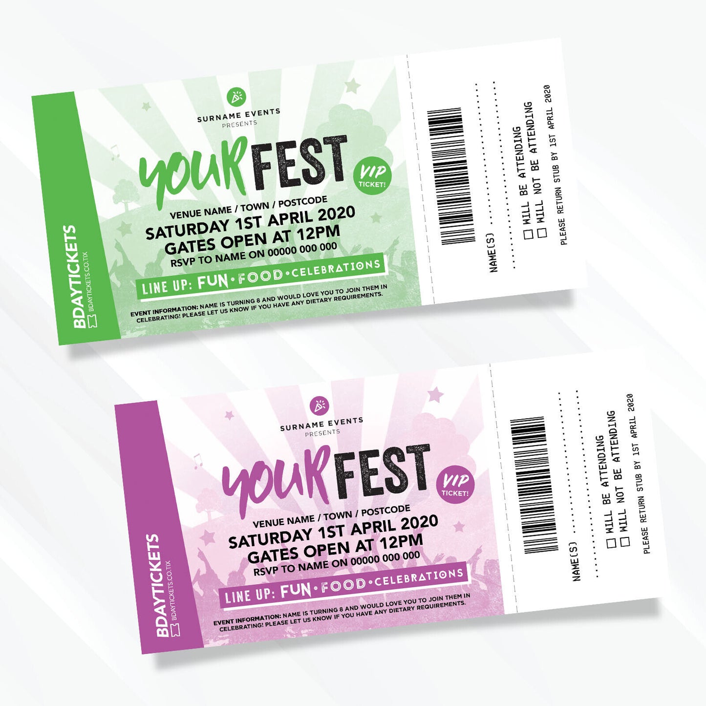 Personalised Festival Vip Ticket Style Party Invitations | Perforated Stubs