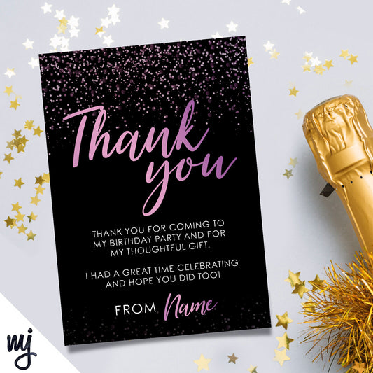 Personalised Party Thank You Cards | Black Purple Glitter | Any Message!