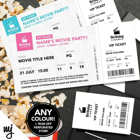 Personalised Cinema Movie Film Ticket Style Invitations | Perforated Stub