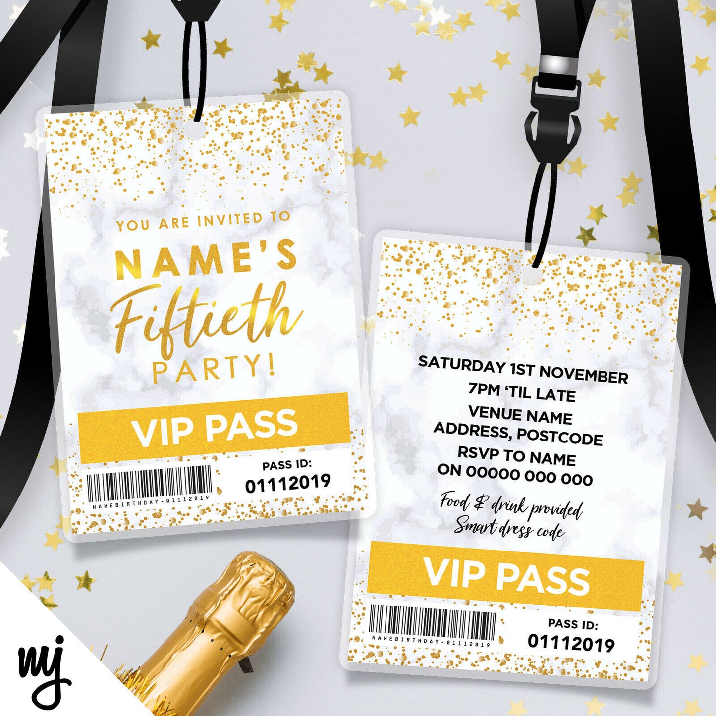 50th Birthday Vip Passes & Lanyards | Marble Gold Glitter