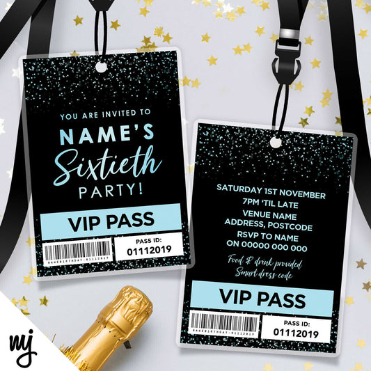 60th Birthday Vip Passes & Lanyards | Black Blue Glitter