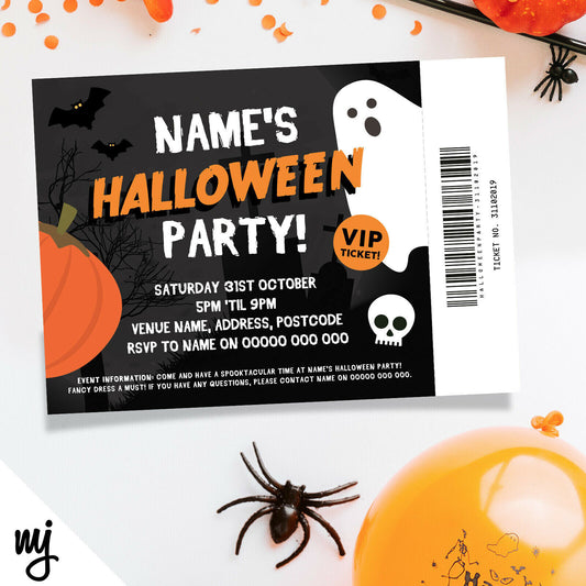 Personalised Halloween Party Ticket Style Invitations | Ghost Pumpkin Bats Skull