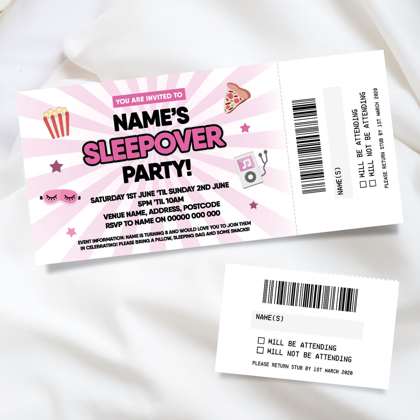 Personalised Sleepover Slumber Party Ticket Style Invitations | Perforated Stubs