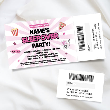 Personalised Sleepover Slumber Party Ticket Style Invitations | Perforated Stubs