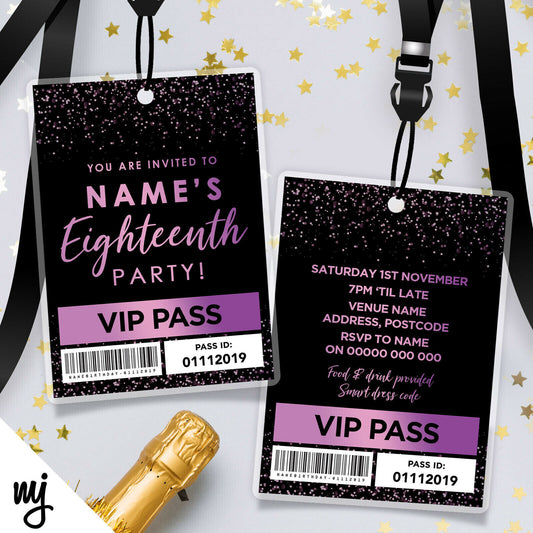 18th Birthday Vip Passes & Lanyards | Black Purple Glitter