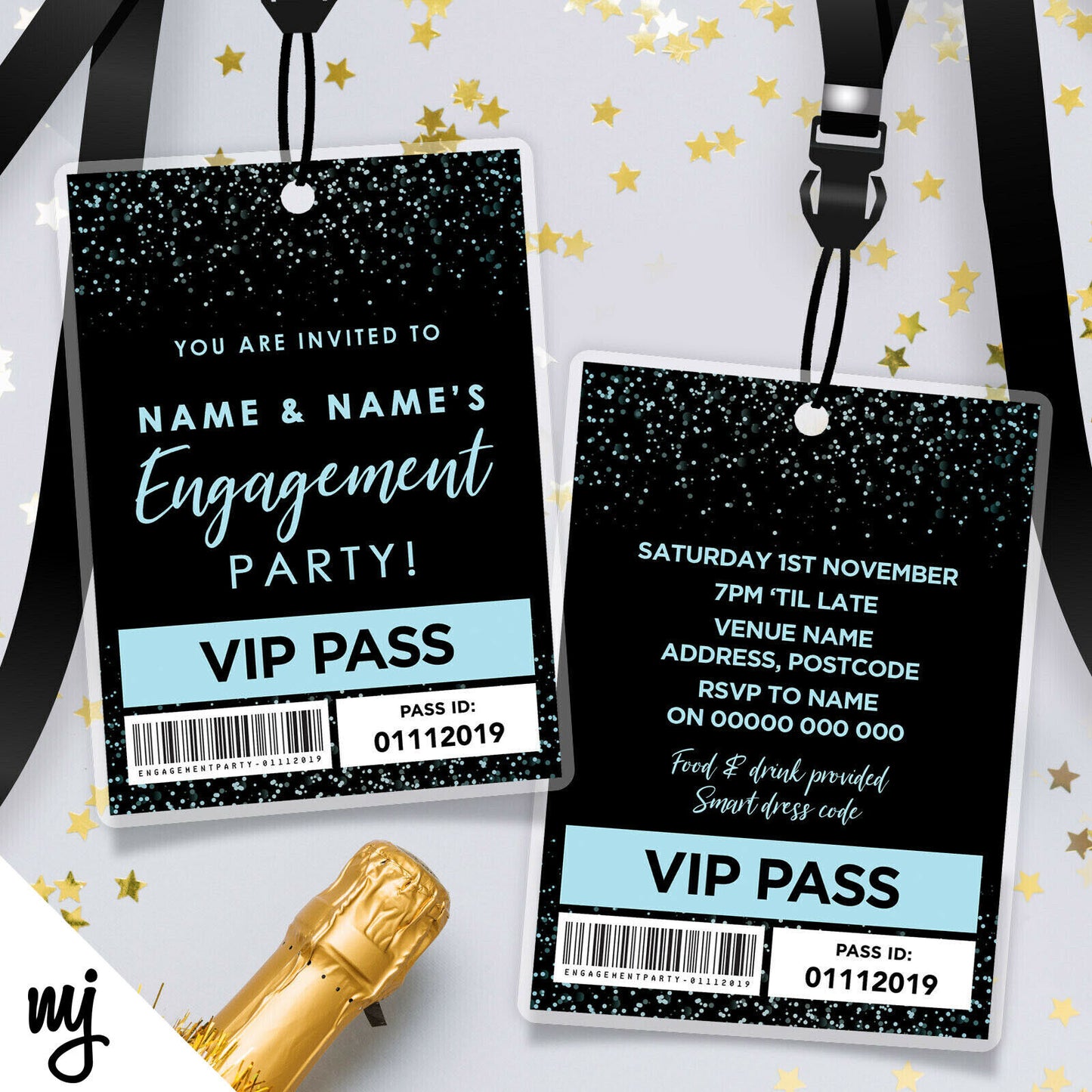 Engagement Vip Passes & Lanyards | Black Blue Glitter