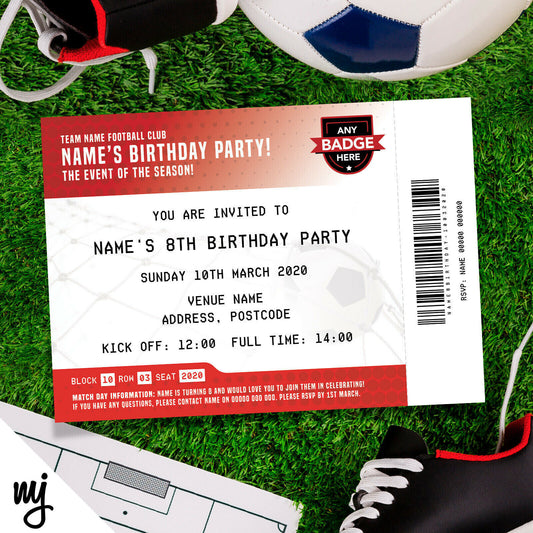 Personalised Red & White Football Ticket Style Invitations | Kids/adults