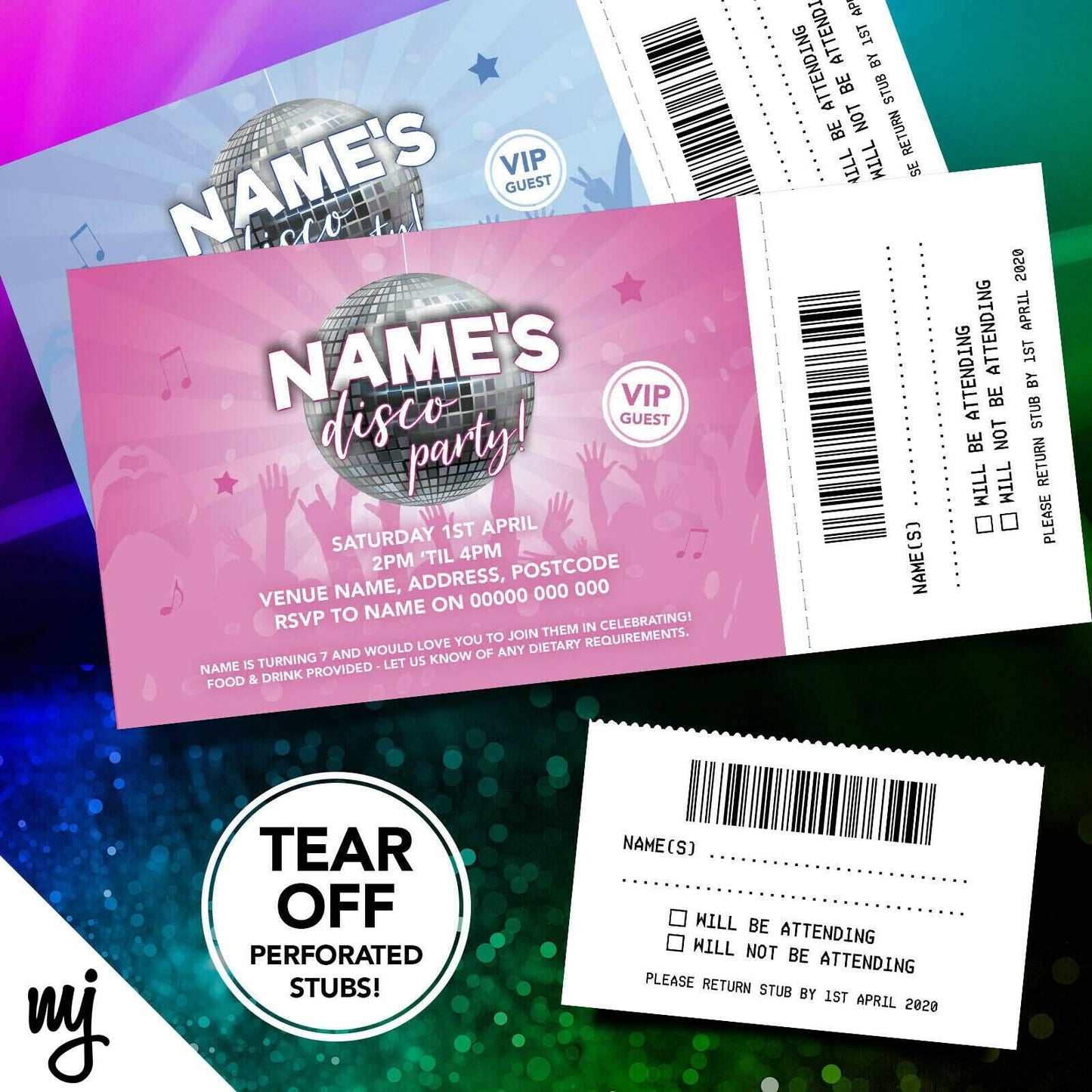 Personalised Disco Music Party Ticket Style Invitations | Perforated Stub