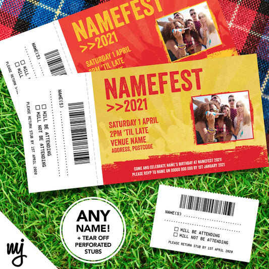 Personalised Festival Vip Ticket Style Invitations | Red / Yellow | Perforated