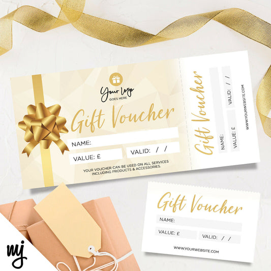 Custom Printed Gift Vouchers | Perforated | Gold Glitter Generic Bow Present 01