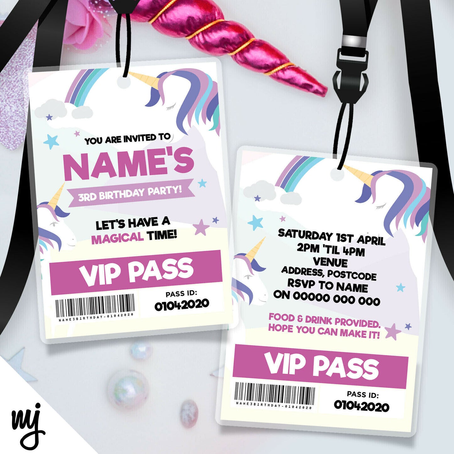 Personalised Unicorn Style Vip Passes Lanyards Party Invitations | Any Info!