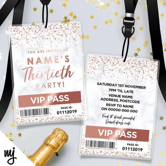 30th Birthday Vip Passes & Lanyards | Marble Rose Gold Glitter