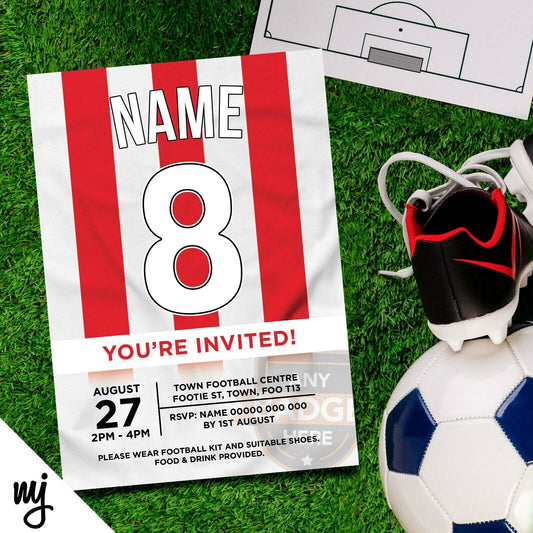 Personalised Red & White Stripe Football Shirt Style Invitations | Any Colours!