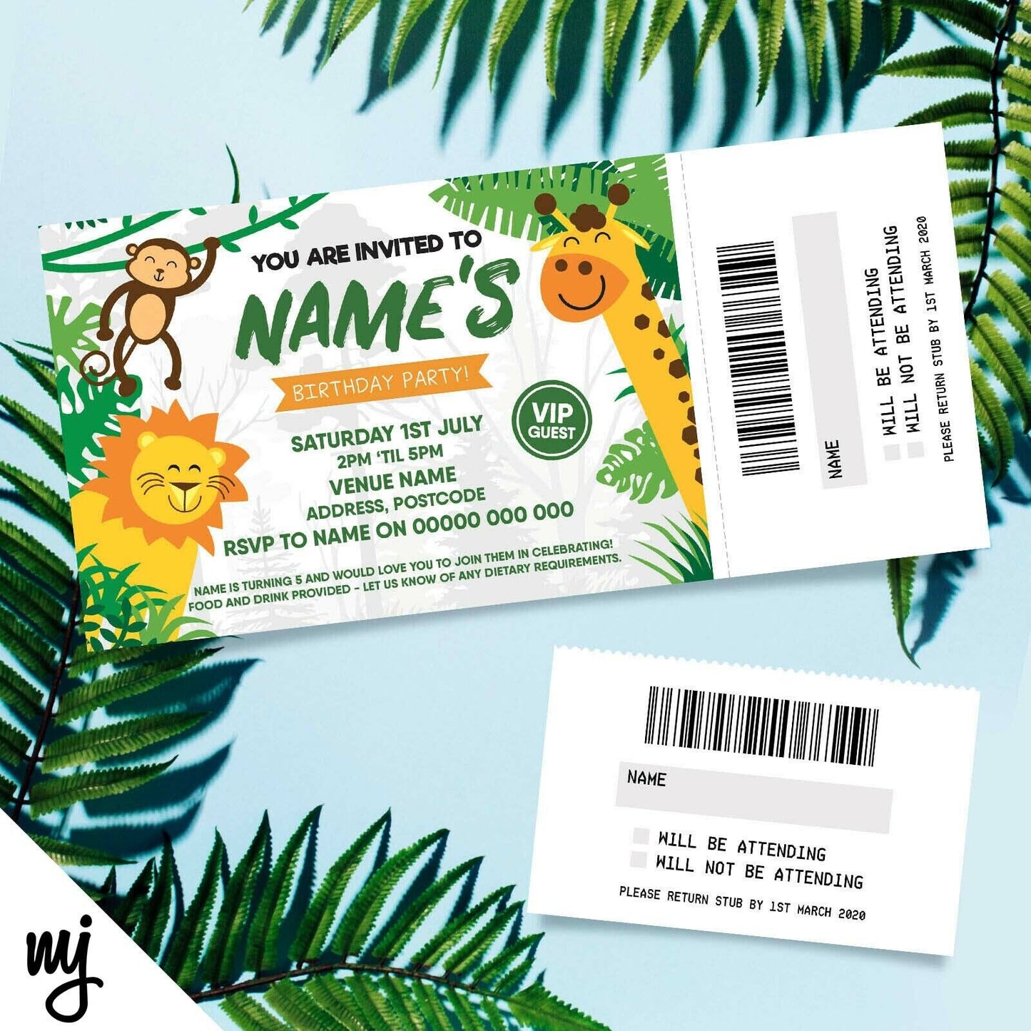 Personalised Jungle Animals Ticket Style Birthday Invitations | Perforated Stub