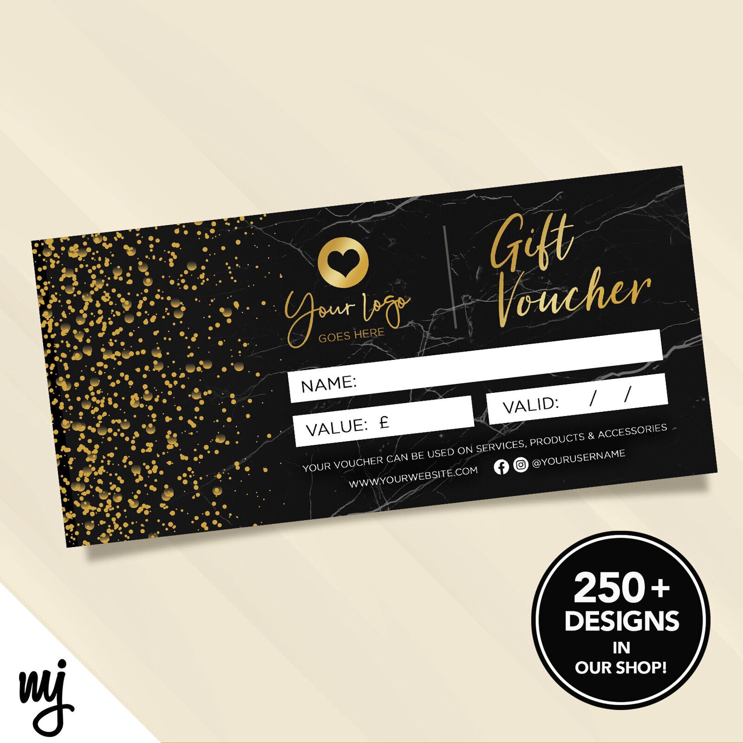 CUSTOM PRINTED BUSINESS GIFT VOUCHERS | BLACK MARBLE GOLD MODERN GENERIC