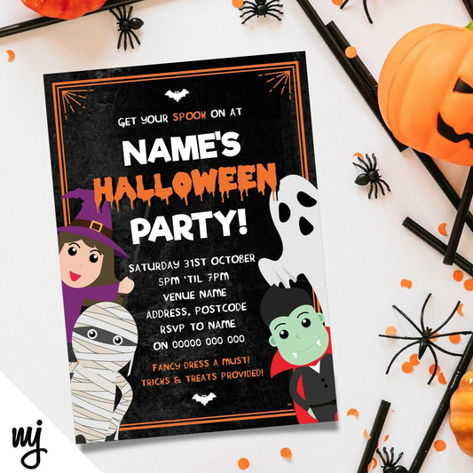 Personalised Halloween Party Invitations | Cute Characters Ghost Witch Vampire