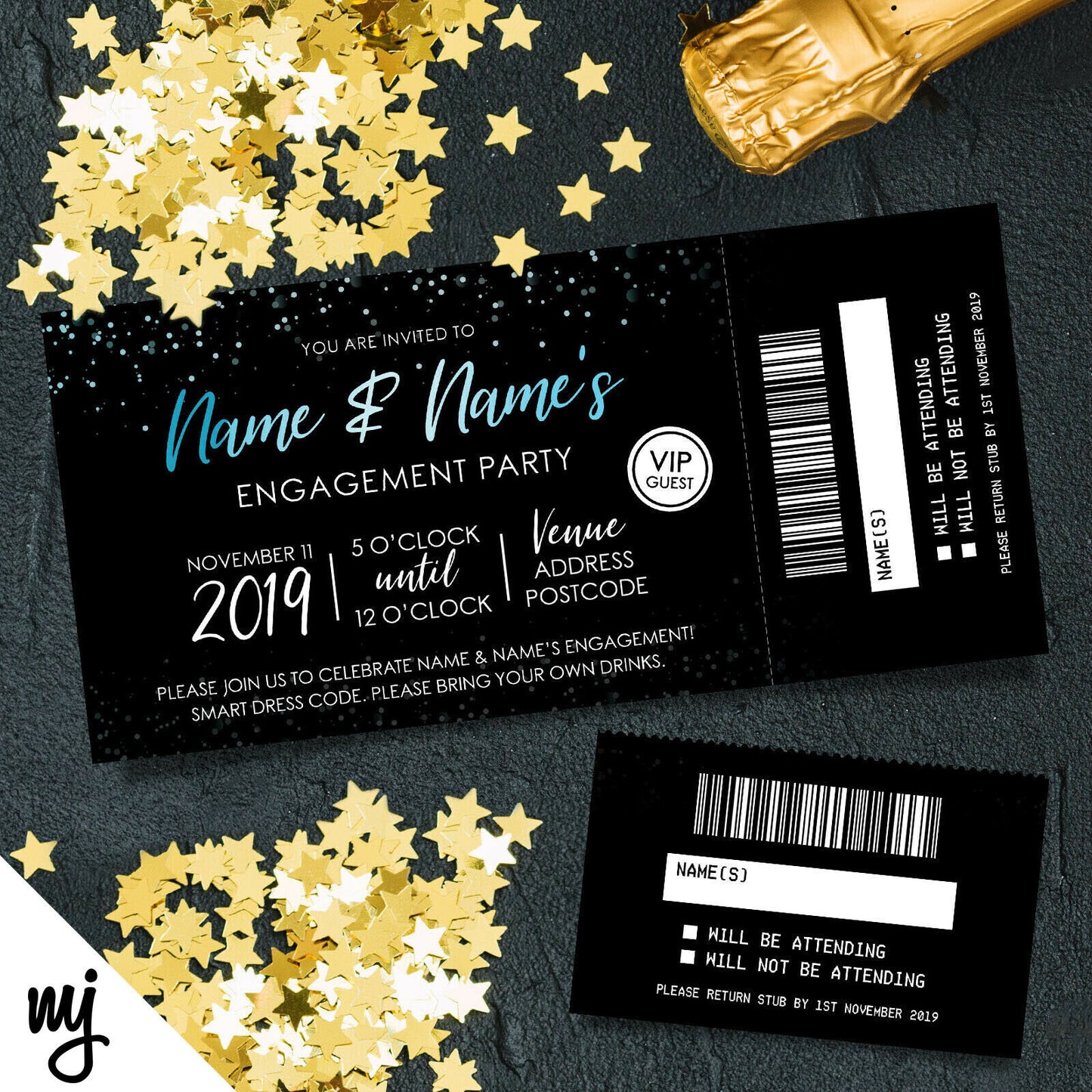 Personalised Engagement Party Tickets Invitations | Perforated | Black & Blue