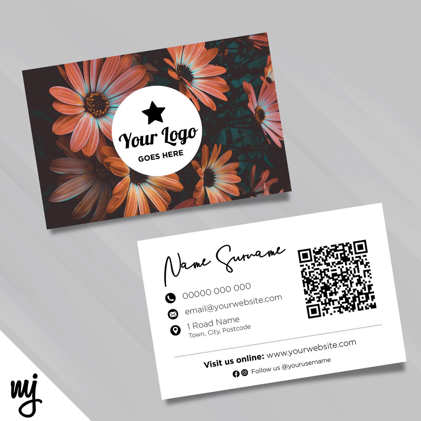 Custom Business Card Printing | Floral Flowers Orange Dark Black